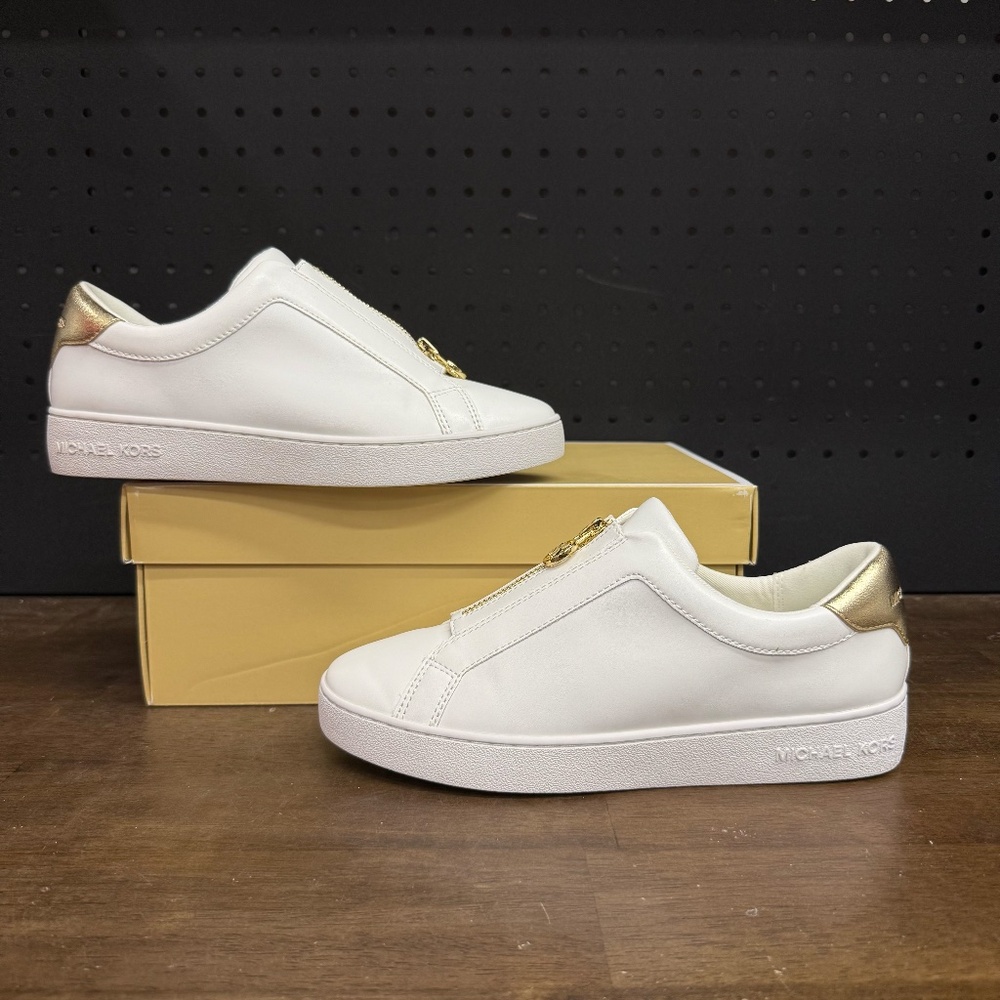 New W/ Box! Women's Micheal Kors Keaton Zip Slip On Faux White Leather Size: 7